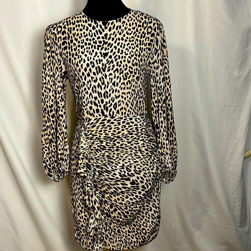 EUC Maje leopard print dress with ruffle detail UK 38 US 6-8 Small